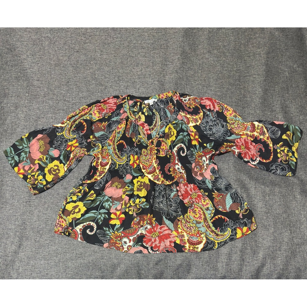 Spense Women's PXL Blouse Black Floral Paisley Peplum 3/4 Sleeve